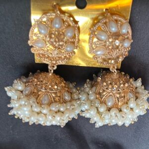 Exquisite Gold Finish with white beaded Chandelier Jhumka Earrings NEW